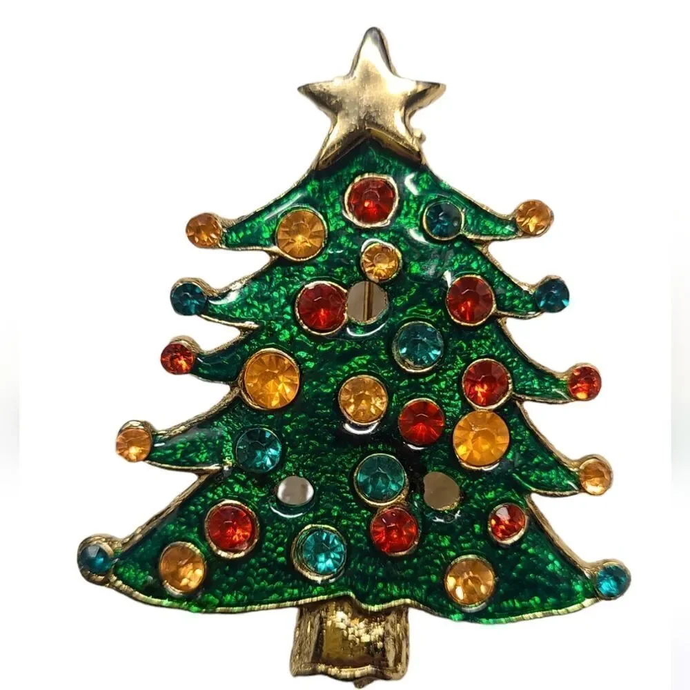 Christmas Pin Brooch tree rhinestones
